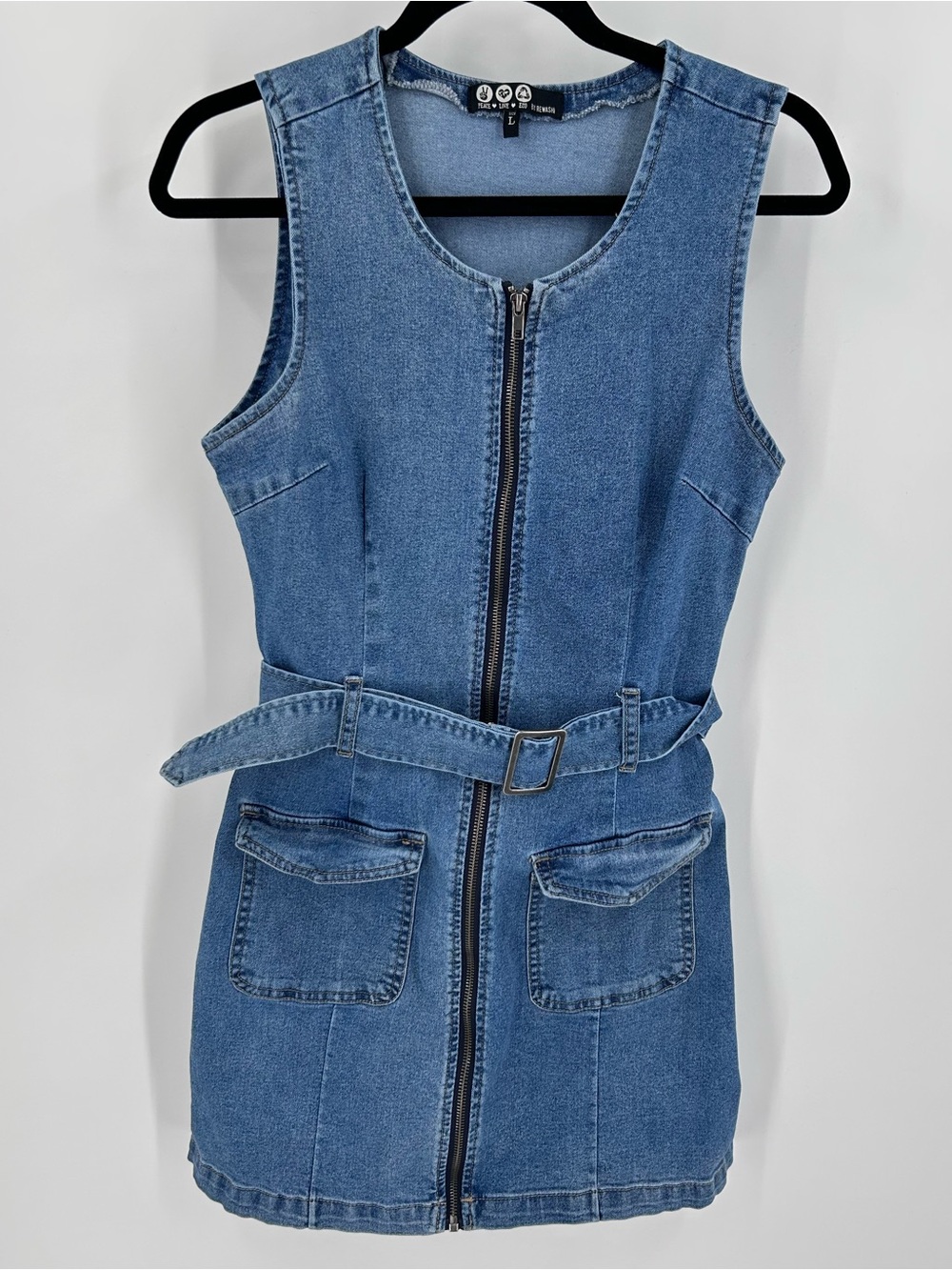 Peace Love Eco by Rewash Denim Mini Dress Zip Front Belted Size L